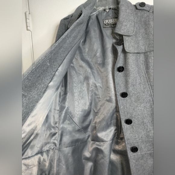 Guess (Size L) Gray Ruffle Layered Hem Wool Blend Button Down Belted Cuff Coat - Picture 14 of 16
